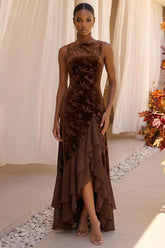Burnout Velvet A-Line Evening Dress with Boat Neck and Ruffles