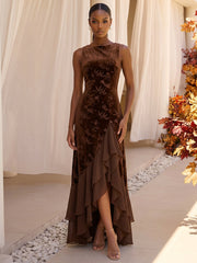 Burnout Velvet A-Line Evening Dress with Boat Neck and Ruffles