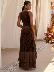 Burnout Velvet A-Line Evening Dress with Boat Neck and Ruffles