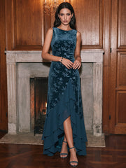 Burnout Velvet A-Line Evening Dress with Boat Neck and Ruffles