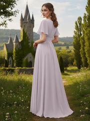 Chiffon A-Line Mother of the Bride Dress with Flutter Sleeves and Pleated Waist