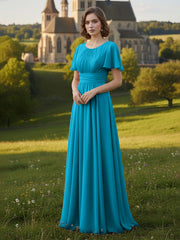 Chiffon A-Line Mother of the Bride Dress with Flutter Sleeves and Pleated Waist