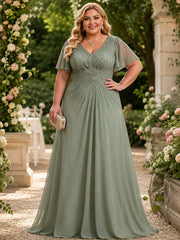 Chiffon A-Line Mother of the Bride Dress with Beading and Flutter Sleeves