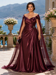 Satin A-Line Mother of the Bride Dress with Off-Shoulder Neckline and Rhinestones