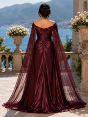 Satin A-Line Mother of the Bride Dress with Off-Shoulder Neckline and Rhinestones
