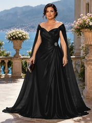 Satin A-Line Mother of the Bride Dress with Off-Shoulder Neckline and Rhinestones