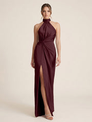 Satin Halter Evening Dress with Twist Waist and High Slit