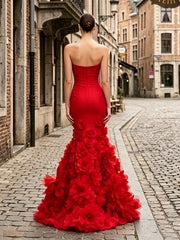 Satin Mermaid Evening Dress with Strapless Neckline and 3D Floral Train