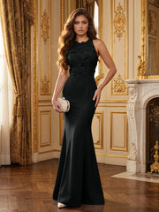 Satin Mermaid Evening Dress with High Neck and 3D Flowers