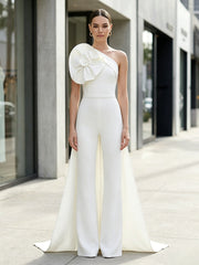 Satin One Shoulder Wide-Leg Jumpsuit with 3D Flower and Bow Train