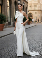 Satin One Shoulder Wide-Leg Jumpsuit with 3D Flower and Bow Train