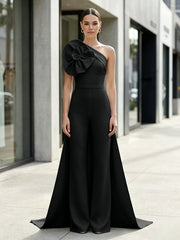Satin One Shoulder Wide-Leg Jumpsuit with 3D Flower and Bow Train