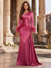 Satin Mermaid Evening Dress with Asymmetric Neckline and Feather Cuffs