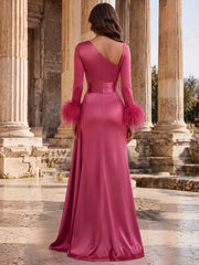 Satin Mermaid Evening Dress with Asymmetric Neckline and Feather Cuffs