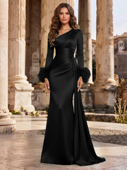 Satin Mermaid Evening Dress with Asymmetric Neckline and Feather Cuffs