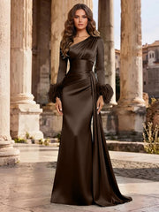 Satin Mermaid Evening Dress with Asymmetric Neckline and Feather Cuffs