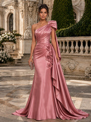 Satin Mermaid Evening Dress with One-Shoulder Bow and 3D Floral Draping