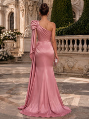 Satin Mermaid Evening Dress with One-Shoulder Bow and 3D Floral Draping