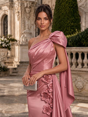 Satin Mermaid Evening Dress with One-Shoulder Bow and 3D Floral Draping