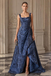 Jacquard A-Line Evening Dress with Square Neckline and Front Slit