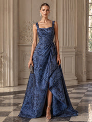 Jacquard A-Line Evening Dress with Square Neckline and Front Slit