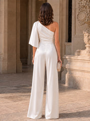 Satin Wide-Leg Evening Jumpsuit with One Shoulder and Pockets