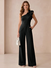 Jersey One Shoulder Wide-Leg Evening Jumpsuit with Ruffles and Pockets