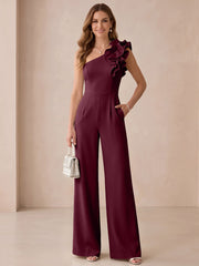 Jersey One Shoulder Wide-Leg Evening Jumpsuit with Ruffles and Pockets