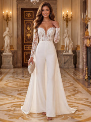 Satin Wide-Leg Evening Jumpsuit with Lace Appliques and Long Sleeves