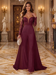 Satin Wide-Leg Evening Jumpsuit with Lace Appliques and Long Sleeves