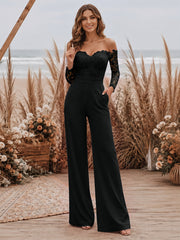 Satin Wide-Leg Evening Jumpsuit with Off-Shoulder Lace Sleeves