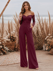 Satin Wide-Leg Evening Jumpsuit with Off-Shoulder Lace Sleeves