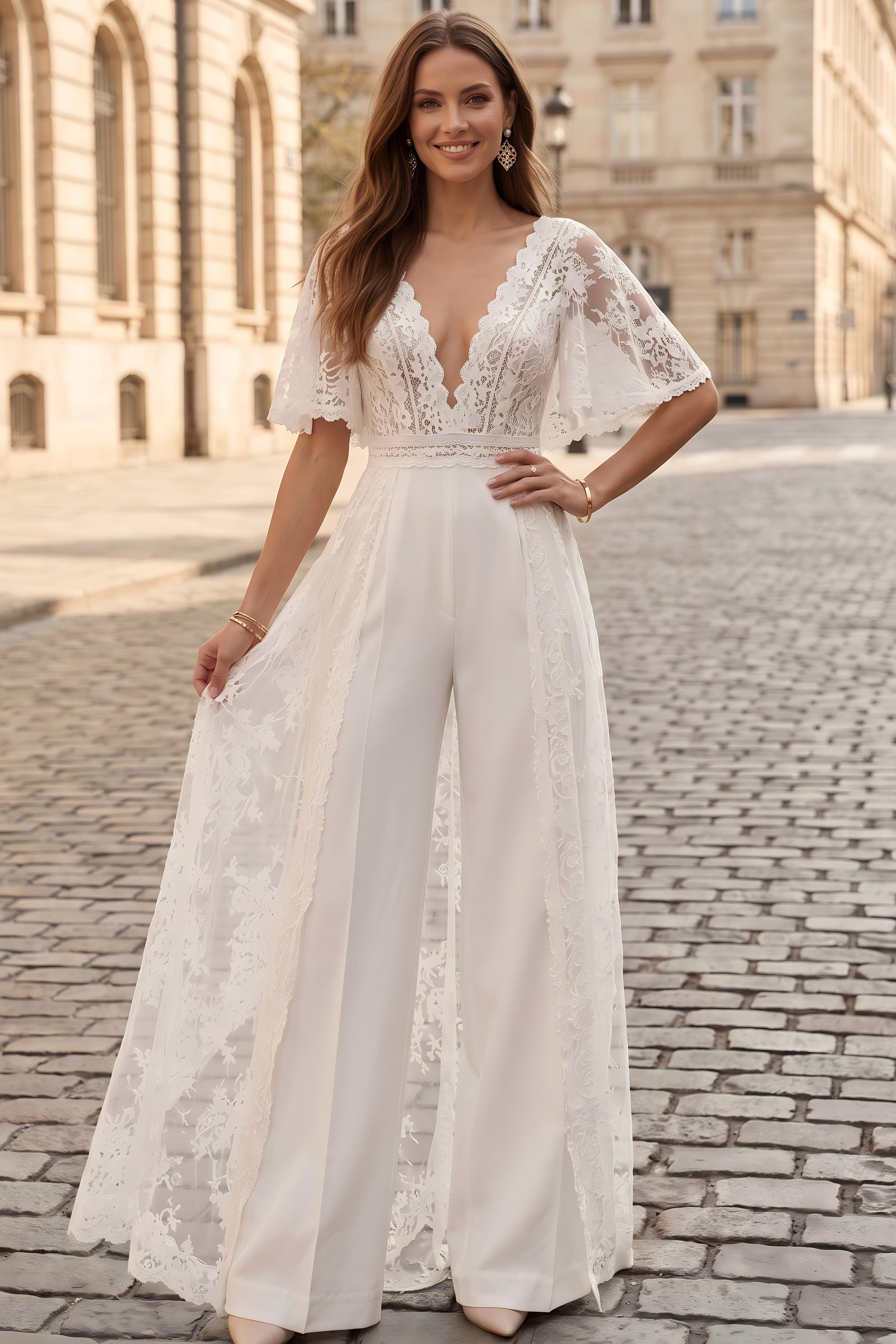 Satin Evening Jumpsuit with Flutter Sleeves and Lace Overskirt