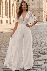 Satin Bridal Jumpsuit with Flutter Sleeves and Lace Overskirt