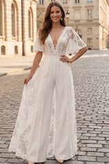 Satin Evening Jumpsuit with Flutter Sleeves and Lace Overskirt
