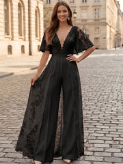 Satin Wide-Leg Evening Jumpsuit with V-Neck and Lace Overlay