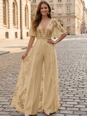 Satin Evening Jumpsuit with Flutter Sleeves and Lace Overskirt