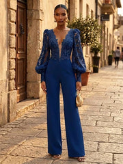 Satin Wide-Leg Evening Jumpsuit with V-Neck and Lace Bishop Sleeves