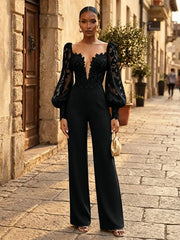 Satin Wide-Leg Evening Jumpsuit with V-Neck and Lace Bishop Sleeves