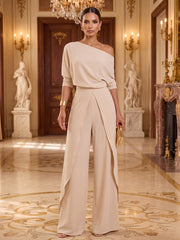Satin One-Shoulder Formal Jumpsuit with Draped Wide Legs