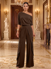 Satin One-Shoulder Formal Jumpsuit with Draped Wide Legs