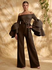 Satin Wide-Leg Evening Jumpsuit with Off-Shoulder Neckline and Ruffle Sleeves