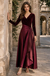 Velvet A-Line Evening Dress with V-Neck and Long Sleeves