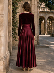 Velvet A-Line Evening Dress with V-Neck and Long Sleeves