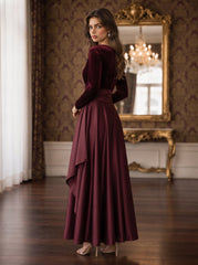 Velvet A-Line Evening Dress with V-Neck and Long Sleeves