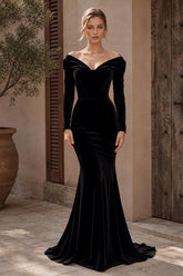 Velvet Mermaid Evening Dress with Off-the-Shoulder Neckline and Long Sleeves