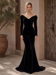 Velvet Mermaid Evening Dress with Off-the-Shoulder Neckline and Long Sleeves