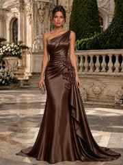 Satin Mermaid Evening Dress with One-Shoulder Neckline and 3D Flowers