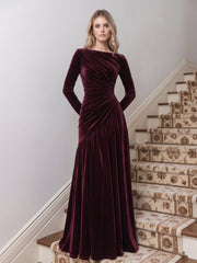 Velvet A-Line Evening Dress with Boat Neck and Long Sleeves
