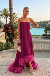 Strapless Chiffon Trapeze Evening Dress with Feather Trim and High-Low Hem